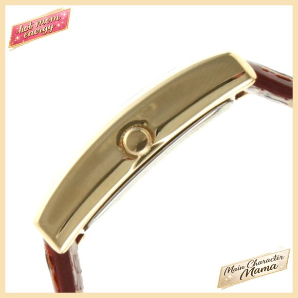 14K Gold Plated Rectangular Watch with Leather Band, Quartz Movement